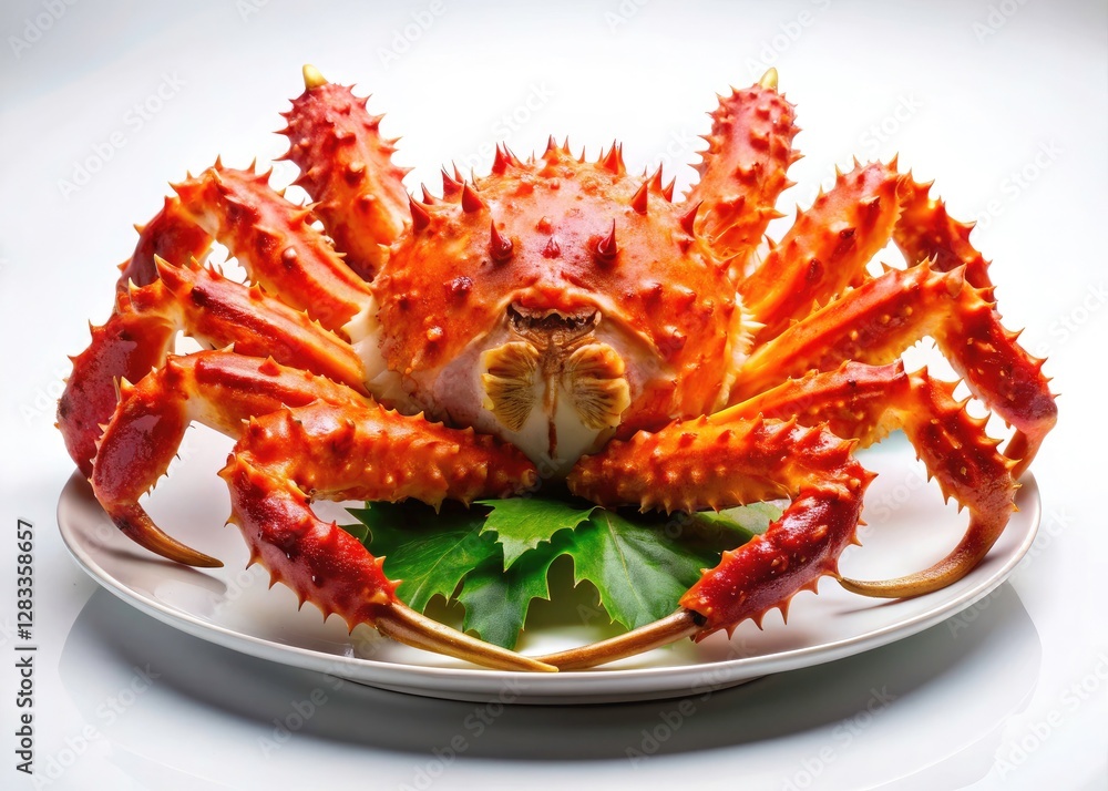 Delicious king crab legs, a seafood delicacy, perfectly presented on a pristine white plate. Delicious king crab legs, a seafood delicacy, perfectly presented on a pristine white plate.