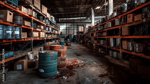 Abandoned factory box warehouse storage interior. Messy store stockroom rack with cargo and goods parcel to delivery. Toxic liquid supply in broken barrel. Dirty building hangar with bulb light