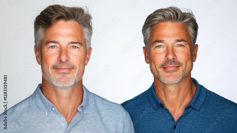 Two men with beards and gray hair are smiling for the camera Two men with beards and gray hair are smiling for the camera
