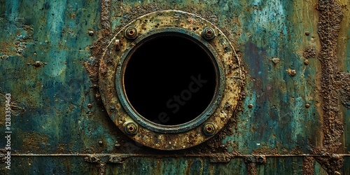 Rusted metal window with a hole in the middle