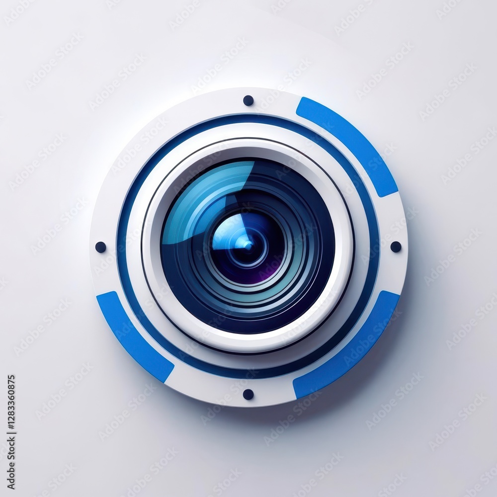 Camera lens with a blue and white circle Camera lens with a blue and white circle