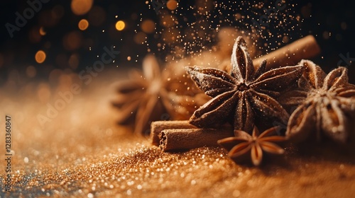 Fototapeta Naklejka Na Ścianę i Meble -  Aromatic spices laid on golden surface create a warm and inviting atmosphere during the festive season