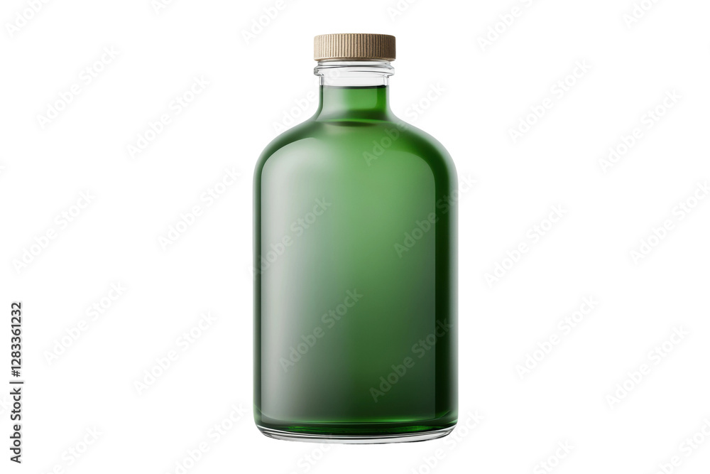 Green potion bottle with wooden cap on display, cut out Green potion bottle with wooden cap on display, cut out