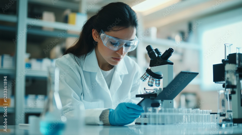 A woman wearing a lab coat and goggles is looking at a tablet A woman wearing a lab coat and goggles is looking at a tablet