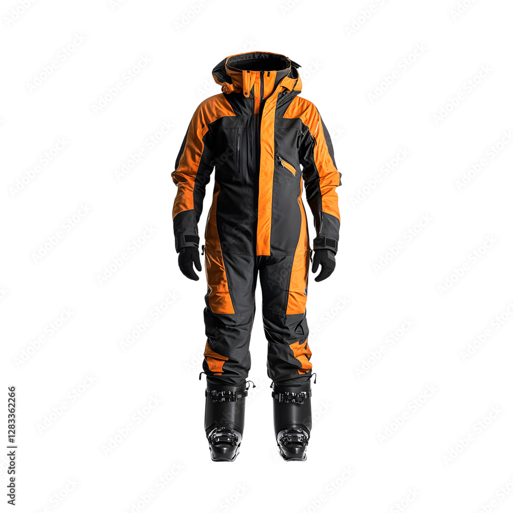 Black and Orange Protective Thermal Suit for Skiing Isolated on Transparent Background Black and Orange Protective Thermal Suit for Skiing Isolated on Transparent Background