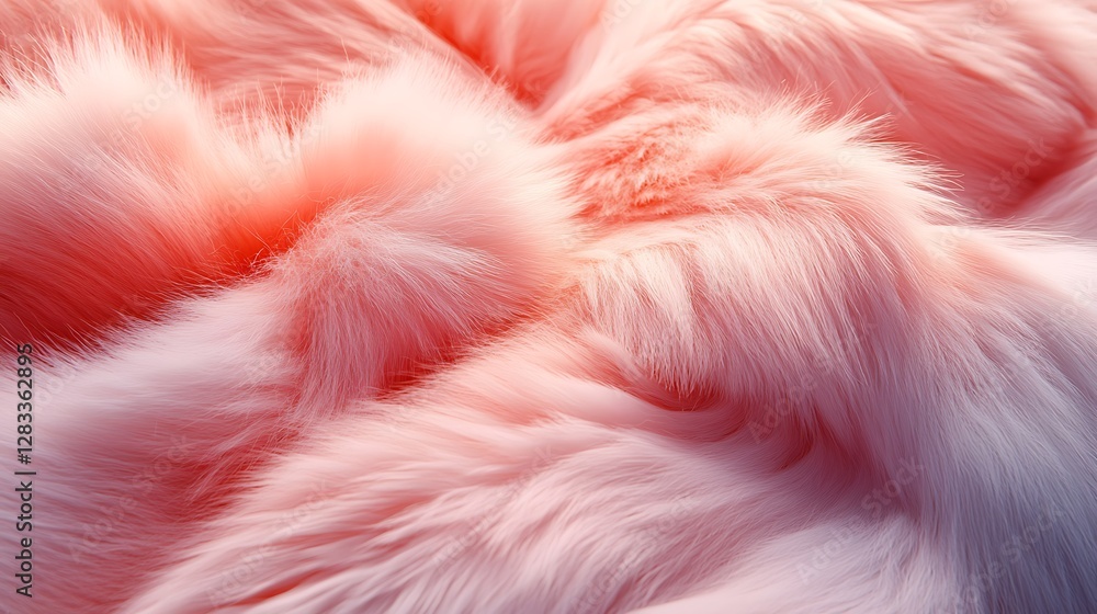 A close-up of ombre fur material, transitioning from soft pastel pink to bright snow white, silky textures glowing under warm diffused lighting, fine strands arranged naturally in smooth folds, A close-up of ombre fur material, transitioning from soft pastel pink to bright snow white, silky textures glowing under warm diffused lighting, fine strands arranged naturally in smooth folds,