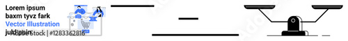 Figures working at desks, documents side by side plus a balanced scale. Ideal for productivity, workload, comparison, equality, decision-making, fairness balance. Landing page
