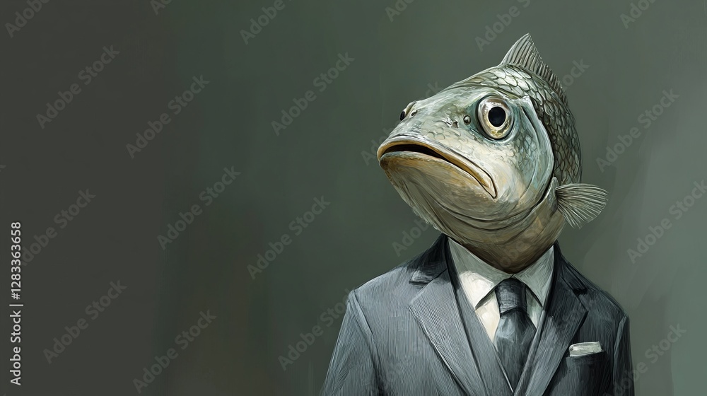 Fish-Headed Man In A Suit. Unusual Anthropomorphic Character. Abstract Business Portrait With Place For Text. Fish-Headed Man In A Suit. Unusual Anthropomorphic Character. Abstract Business Portrait With Place For Text.