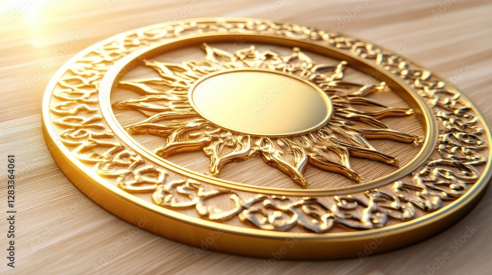 Golden Sun Emblem on Wooden Surface with Soft Lighting Effect Golden Sun Emblem on Wooden Surface with Soft Lighting Effect