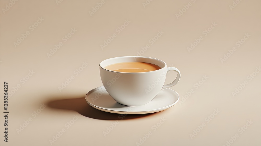 Obraz premium Tea Cup On Pale Background. Coffee Break Still Life. Minimalist Beige Backdrop.