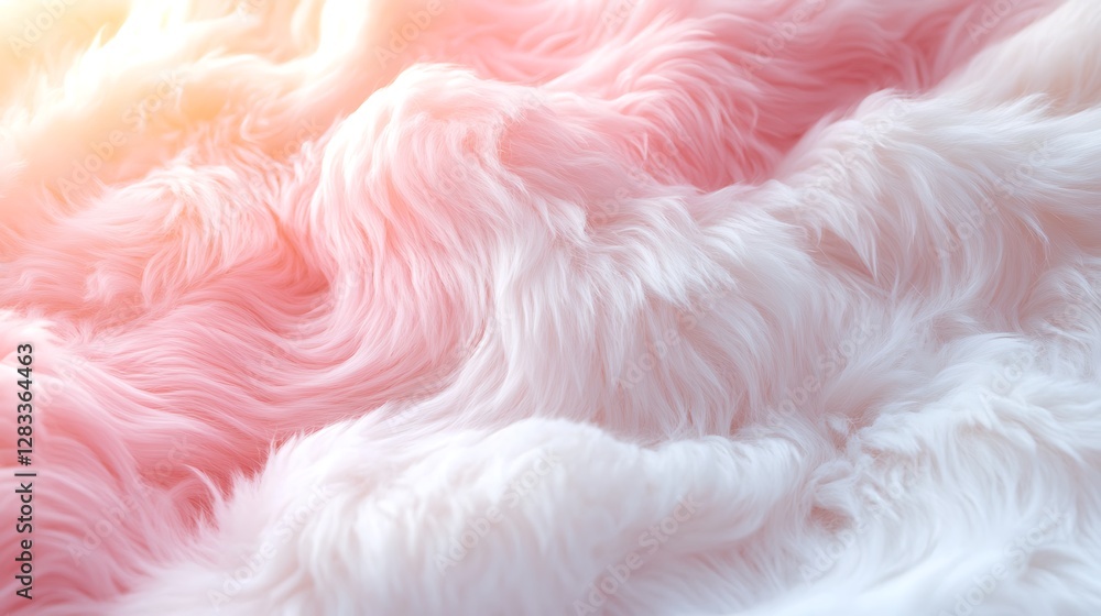 A close-up of plush fur material, transitioning from pastel pink to snow white, arranged in smooth flowing waves, visible fine strands glowing softly under diffused light, A close-up of plush fur material, transitioning from pastel pink to snow white, arranged in smooth flowing waves, visible fine strands glowing softly under diffused light,