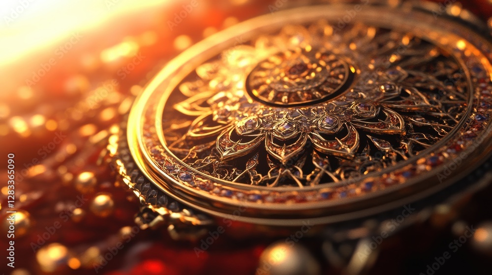 Intricate Golden Mandala Design with Sparkling Gemstones and Light Intricate Golden Mandala Design with Sparkling Gemstones and Light
