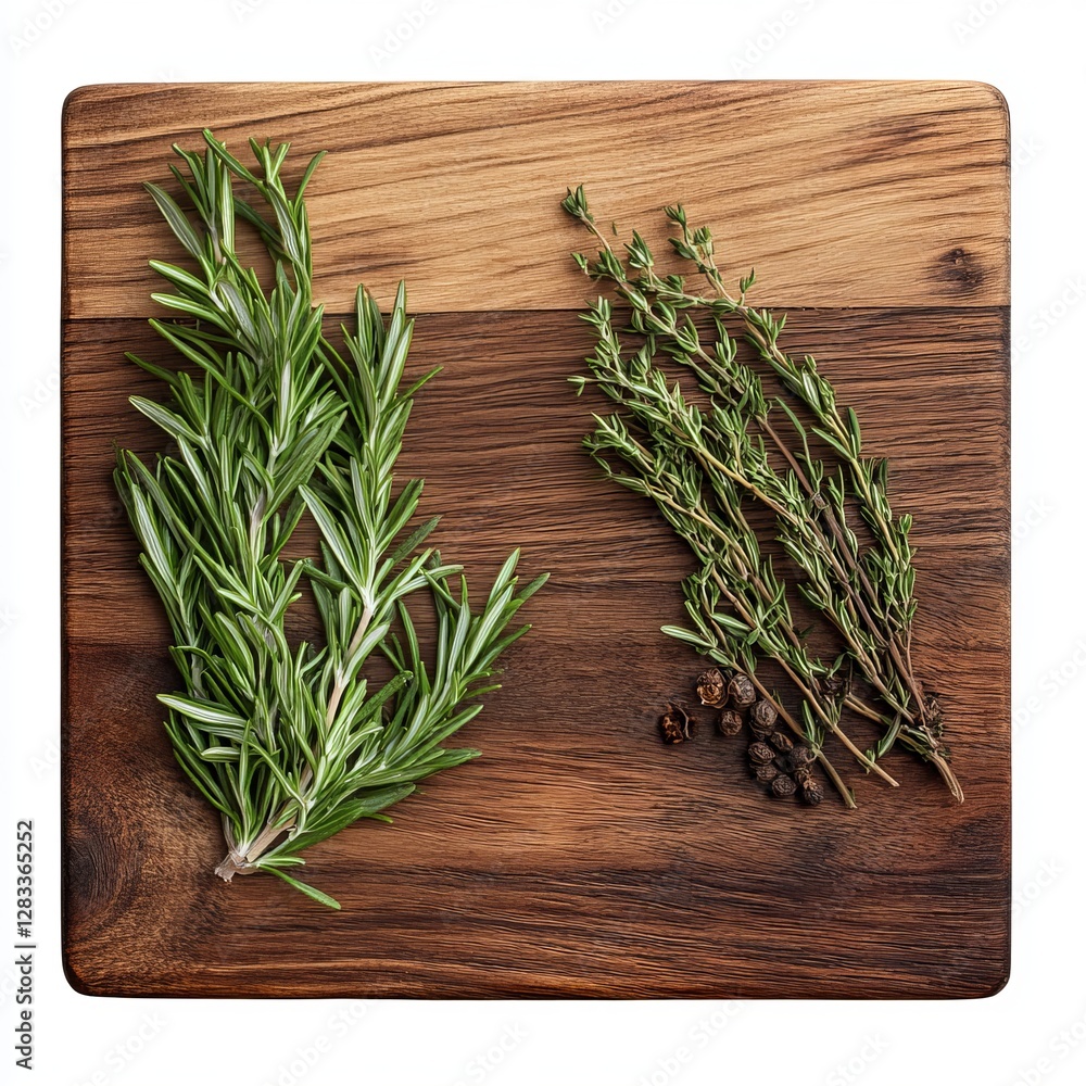 Rosemary, thyme and black pepper on a wooden cutting board Rosemary, thyme and black pepper on a wooden cutting board