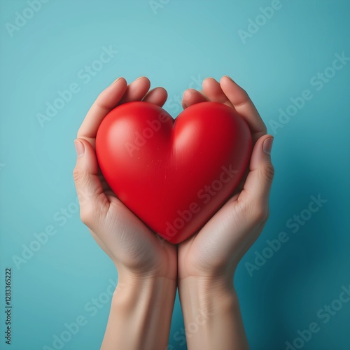 close up hands and blur people, female doctor holding red heart with hands, happiness ,Gesture of Love and Care and relationship in hospital, they feel happy and smiling on light blue background