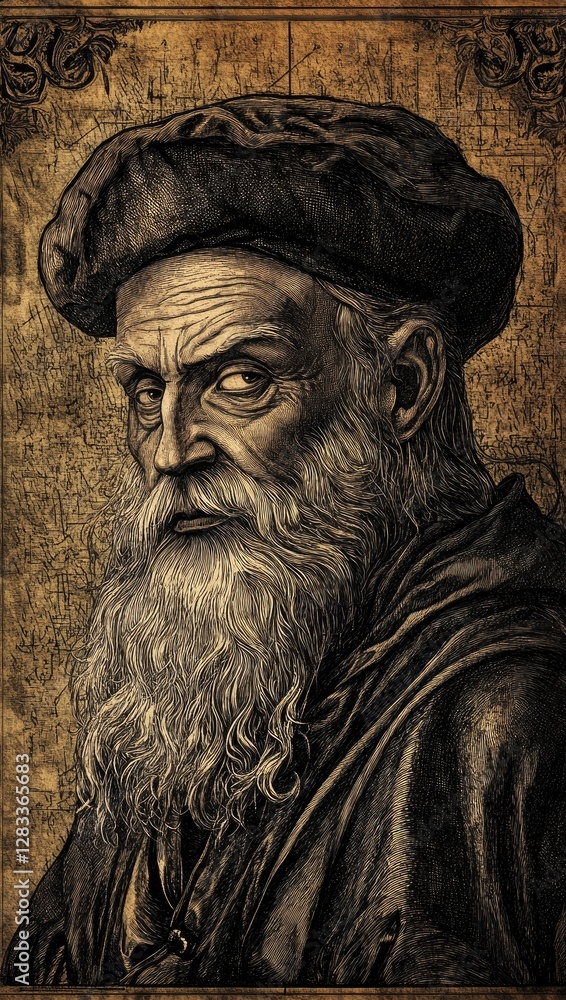 Fototapeta premium An intricate, finely detailed engraved portrait of a medieval scholar, with deep cross-hatching