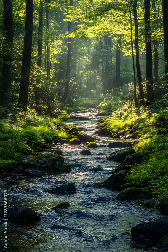 Obraz premium Serenity in Nature: A Quiet Moment by the Stream Beneath a Sunlit Forest Canopy