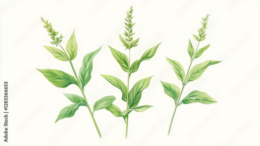 Fototapeta premium Botanical Art Of Three Green Plants On An Isolated White Background.