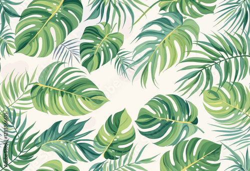 tropical leaves in various shades of green, arranged in a repeating design.