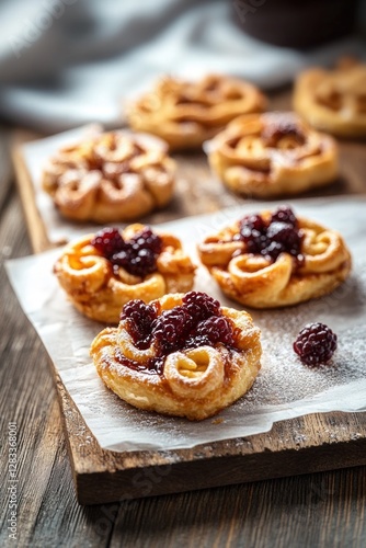 Wallpaper Mural Delicate Puff Pastry Filled with Strawberry Jam and Caramelized Apple on Rustic Wooden Table Torontodigital.ca
