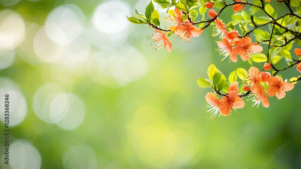 Obraz premium Orange Blossoms on Green Branch, Soft Focus Background