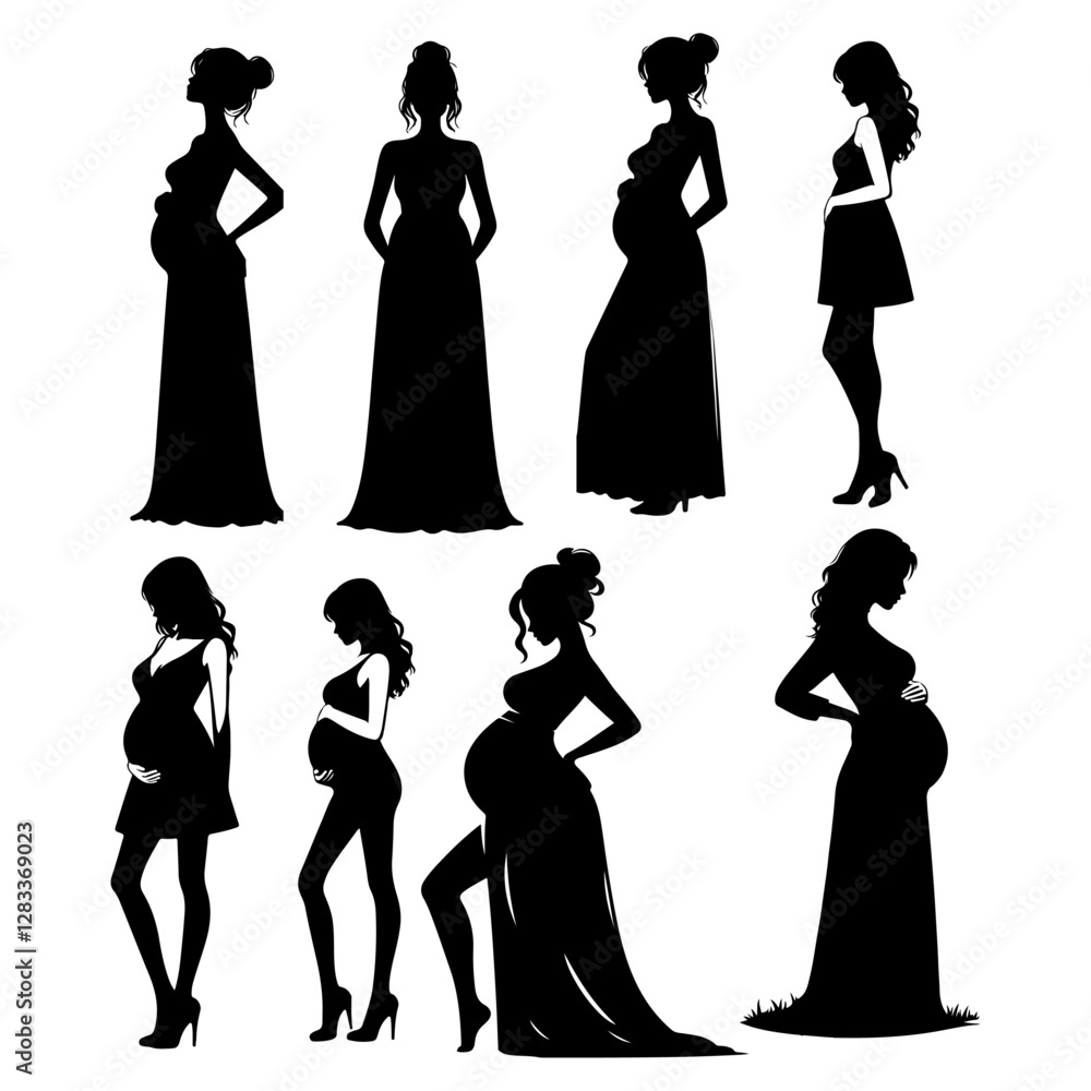 A set of pregnant woman vector silhouette