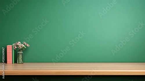 Wallpaper Mural Minimalist Workspace with Green Wall and Fresh Flowers in Vase Torontodigital.ca