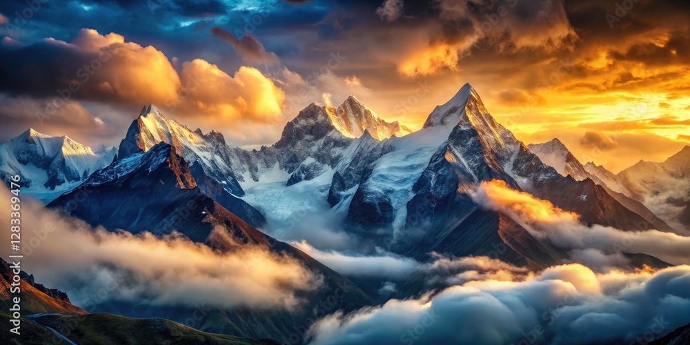 High-altitude photography captures the Everest Range's dramatic beauty: foggy peaks and cloudy summits. High-altitude photography captures the Everest Range's dramatic beauty: foggy peaks and cloudy summits.