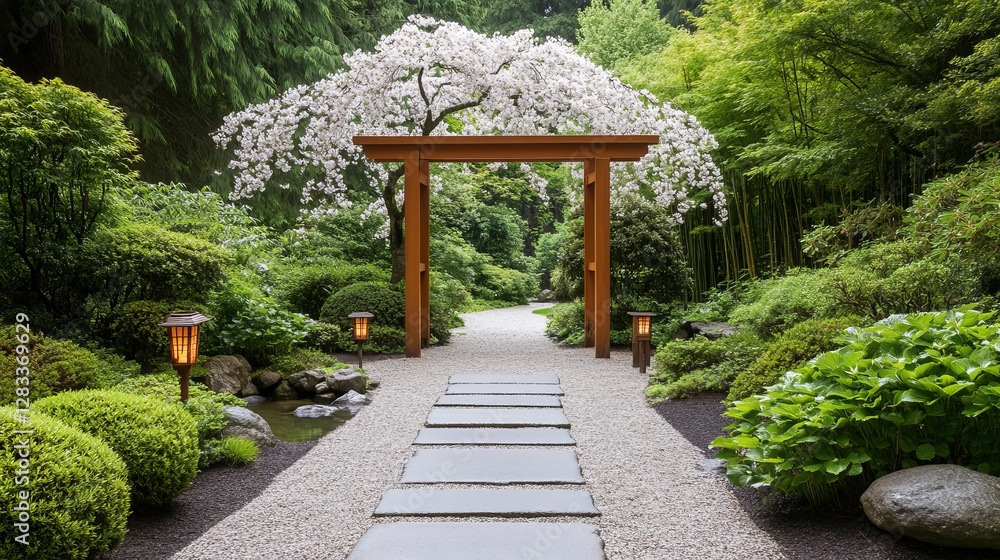 Serene Garden Pathway with Cherry Blossom Tree in Japanese Style Serene Garden Pathway with Cherry Blossom Tree in Japanese Style
