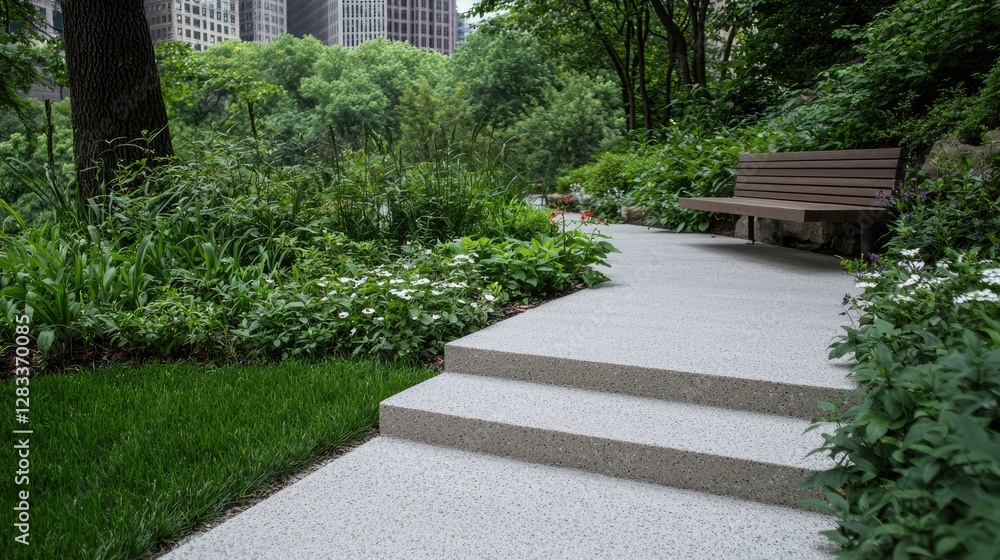 City park pathway with steps and bench, urban green space, relaxing City park pathway with steps and bench, urban green space, relaxing