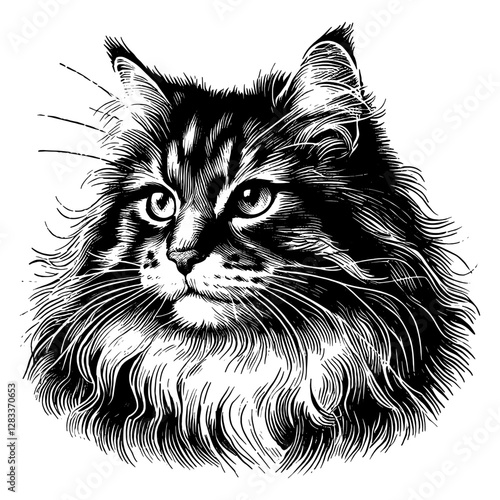 Line art drawing of Norwegian Forest Cat cat's ink sketch kitten vector hand drawn illustration background