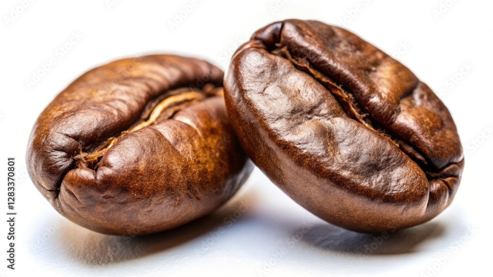 High-resolution image: Roasted coffee beans, close-up, pristine white background, showcasing rich texture. High-resolution image: Roasted coffee beans, close-up, pristine white background, showcasing rich texture.