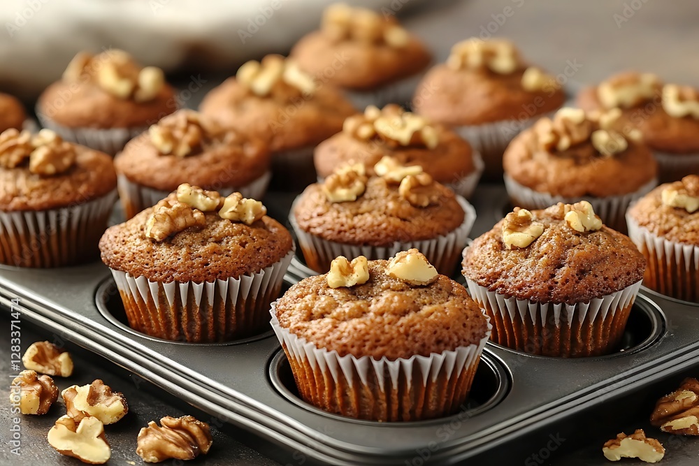 Walnut muffins in baking pan on table Walnut muffins in baking pan on table