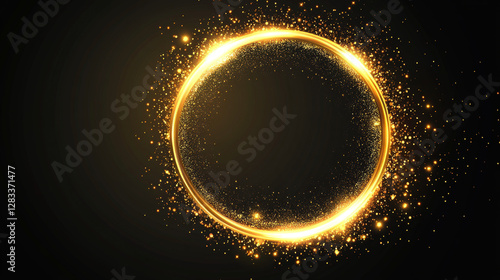 Golden glowing circle frame with glitter sparkle on black background. Realistic vector illustration of neon light round element with gold shiny sparks and reflection. Bright flare glossy ring.