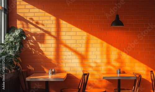 Vibrant bold fiery orange brick wall capturing a dynamic café ambiance with striking urban flair