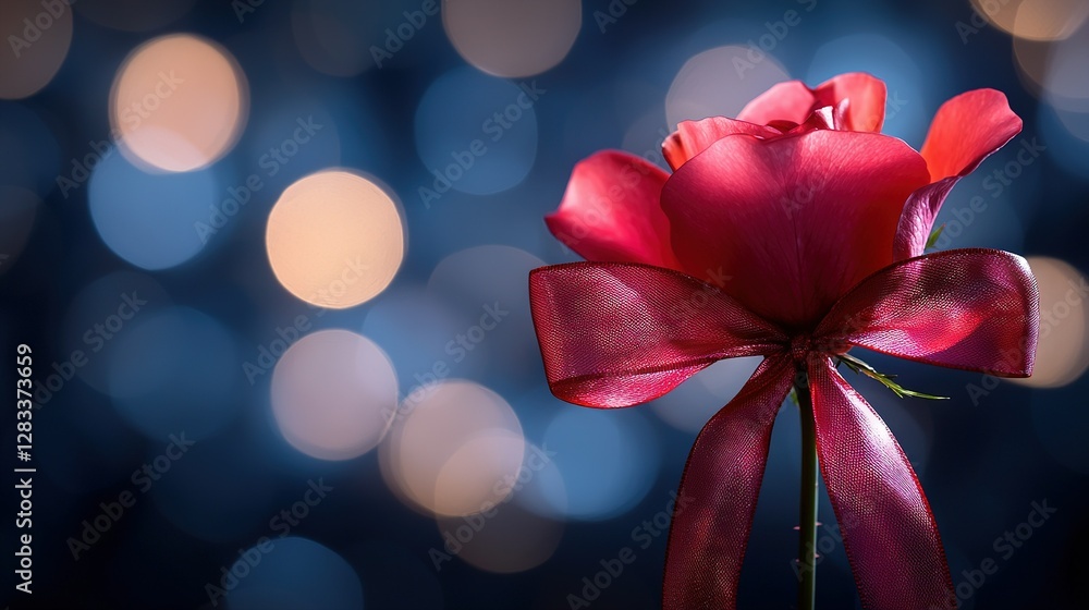 A lone red rose adorned with a bow, set against a blue backdrop and surrounded by a halo of soft light A lone red rose adorned with a bow, set against a blue backdrop and surrounded by a halo of soft light