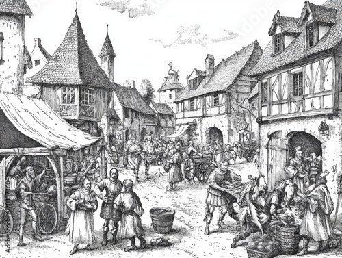 A medieval engraving illustrating a bustling village scene