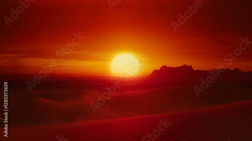 A stunning sunset over a vast desert landscape, showcasing vibrant orange and red hues with silhouetted mountains in the distance.