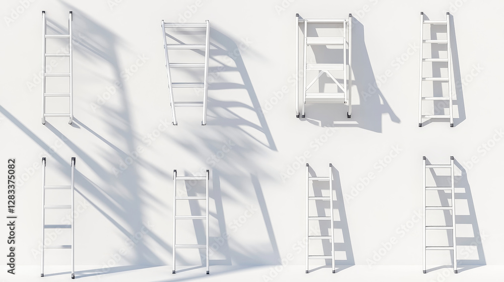 3d vector ladder leaning on white wall with shadow. Realistic illustration set of metal stepladder in different angles. building and renovation climbing aluminum construction. Portable steel staircase 3d vector ladder leaning on white wall with shadow. Realistic illustration set of metal stepladder in different angles. building and renovation climbing aluminum construction. Portable steel staircase