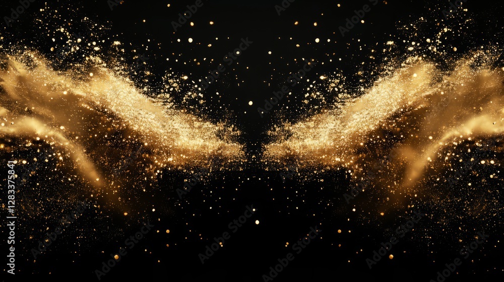 Fototapeta premium Shimmering golden particles exploding symmetrically, intricate textures, black background 