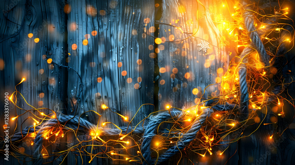 Fototapeta premium A glowing rope entwined with lights against a textured wooden background.