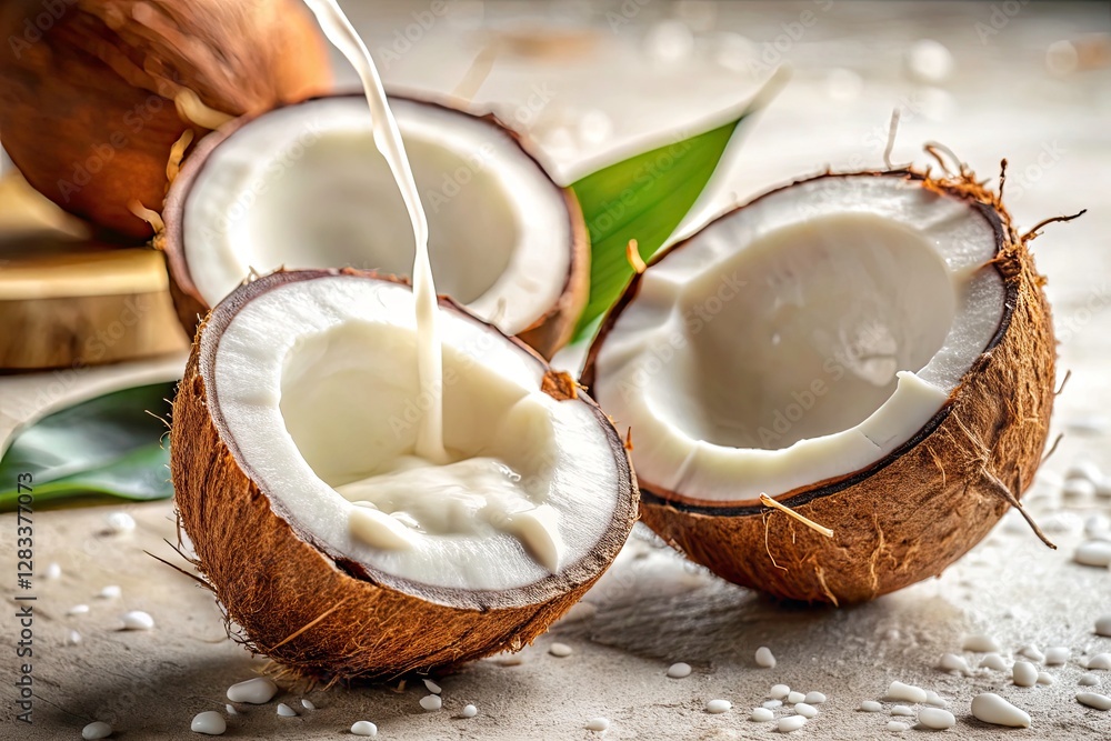 Macro photography unveils the luscious texture of coconut milk and the intricate detail of a fresh coconut's shell. Macro photography unveils the luscious texture of coconut milk and the intricate detail of a fresh coconut's shell.