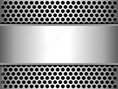 Metal background shiny silver chrome metallic with halftone dots pattern, silver polished steel texture wallpaper.