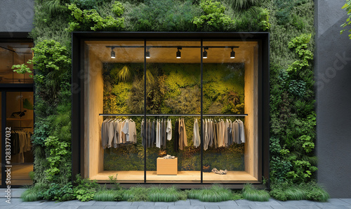 Eco-friendly sustainable fashion store front design featuring modern organic materials and innovative retail aesthetics vibe