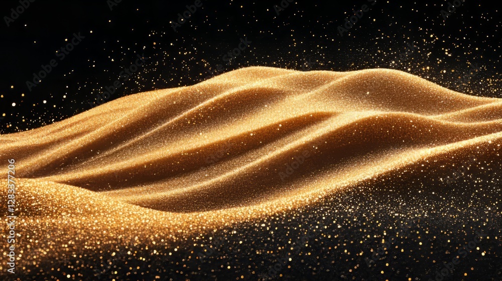 Fototapeta premium Soft golden sand scattering in intricate patterns, dynamic motion on black 