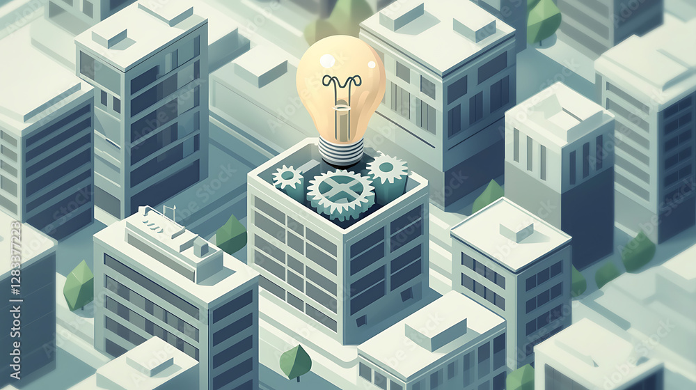 A 2D isometric icon of a lightbulb with gears inside A 2D isometric icon of a lightbulb with gears inside