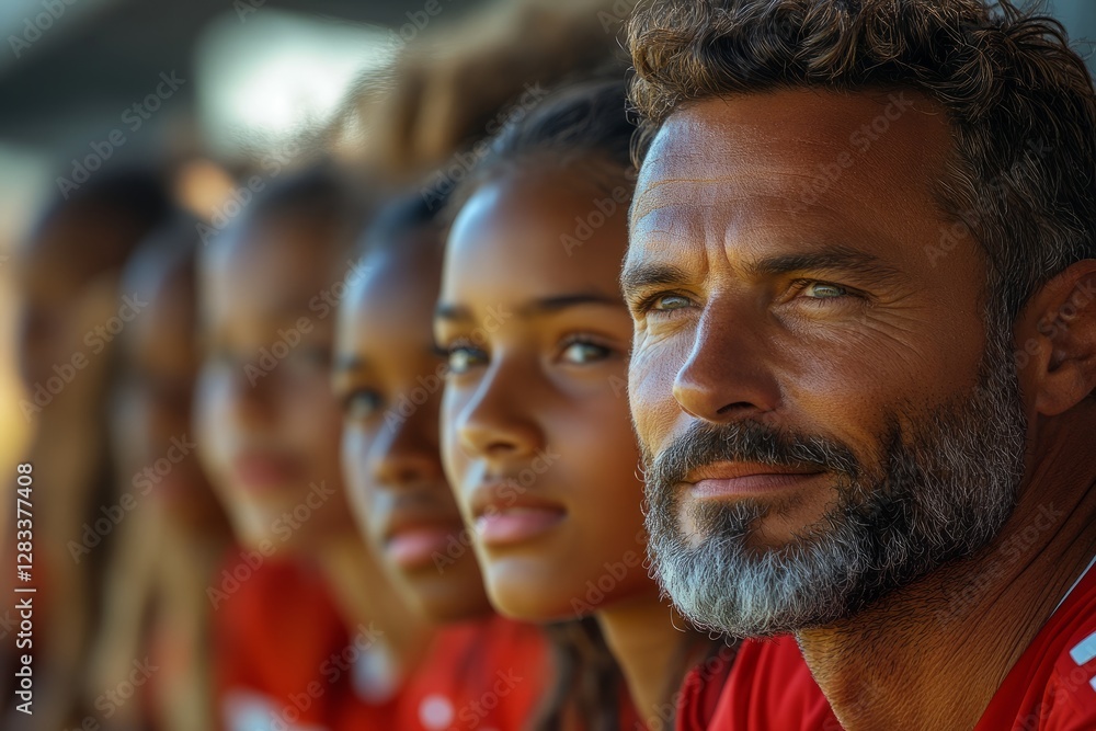 Coach provides tactical insights to players during a training session in a sunny outdoor field Coach provides tactical insights to players during a training session in a sunny outdoor field