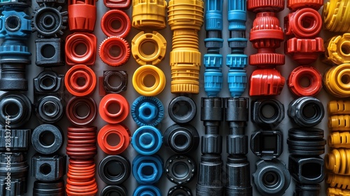 A collection of colorful plastic parts with different shapes and sizes