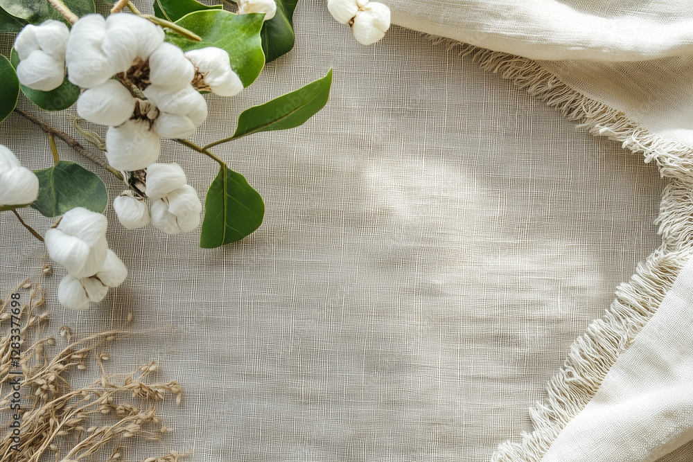 Linen Background with Accents of Green – Natural & Minimalist Aesthetic