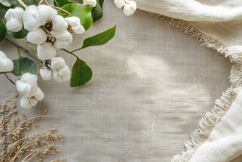 Obraz na płótnie Linen Background with Accents of Green – Natural & Minimalist Aesthetic w salonie