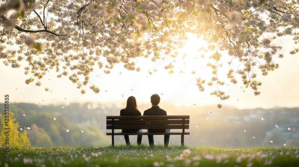 Romantic Couple Sitting Under Blooming Cherry Blossom Tree Romantic Couple Sitting Under Blooming Cherry Blossom Tree